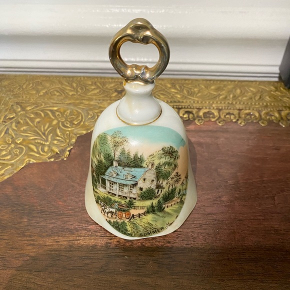 Vintage Currier And Ives Porcelain Bell American Homestead Summer White Gold - Picture 2 of 9